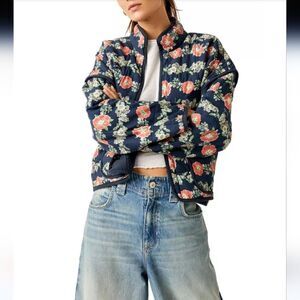 Free People Chloe Quilted Jacket Floral Print Navy Green Red Size XL